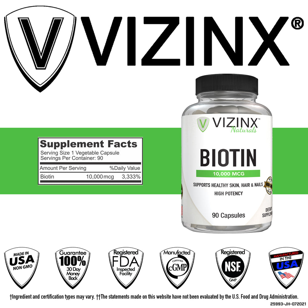 Biotin 10,000 MCG - Supports Healthy Skin, Hair & Nails, 90 Vegetarian Capsules