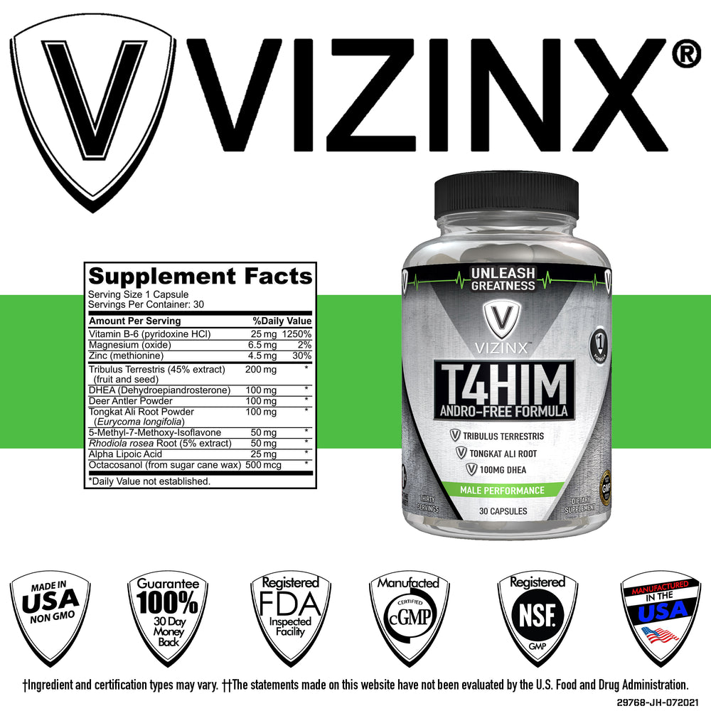T4HIM - Male Testosterone Booster with 100 MG DHEA, Tribulus, Tongkat Ali and Complete Prostate Complex, 30 Capsules